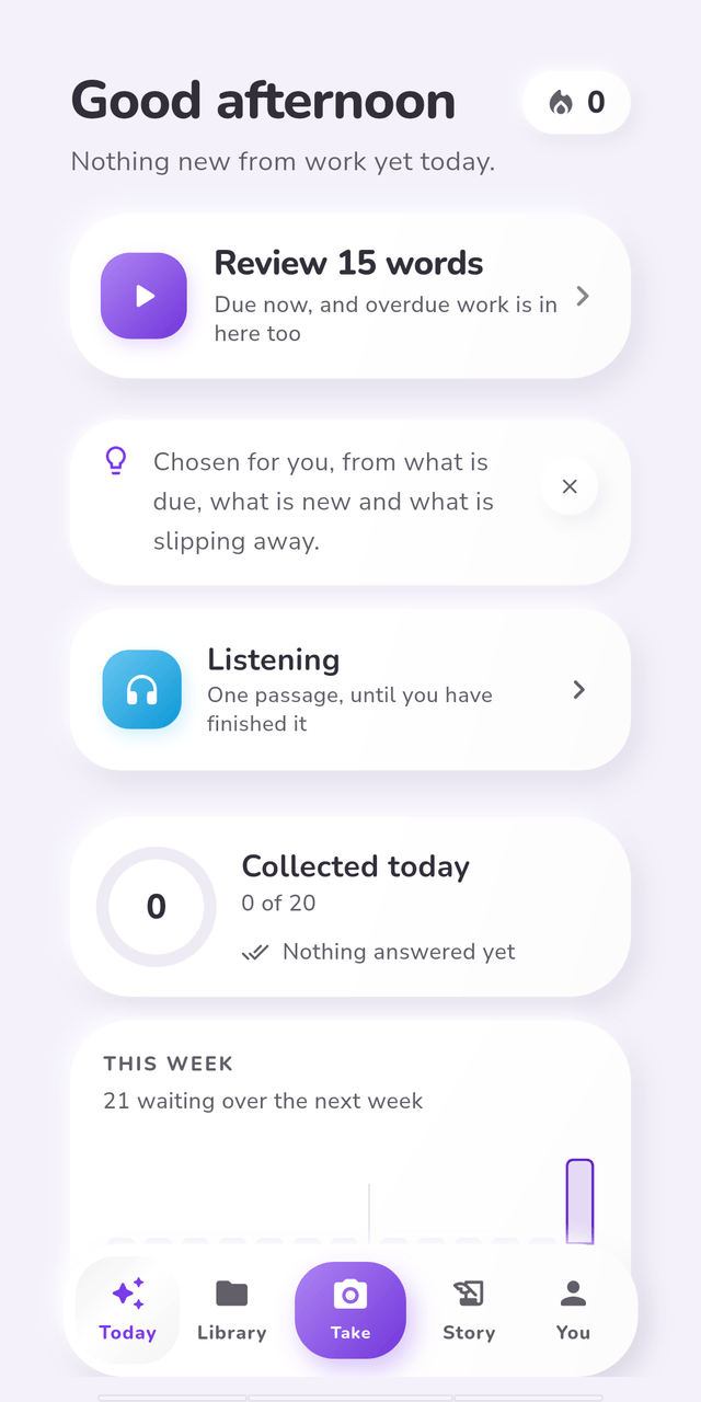 The VocNova home screen: fifteen words due for review, a listening passage, and how many words were collected today.