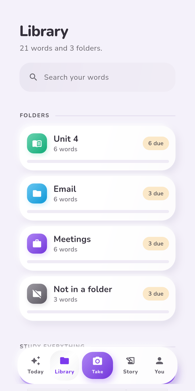 The library: twenty-one words in folders named Unit 4, Email and Meetings, each showing how many are due.