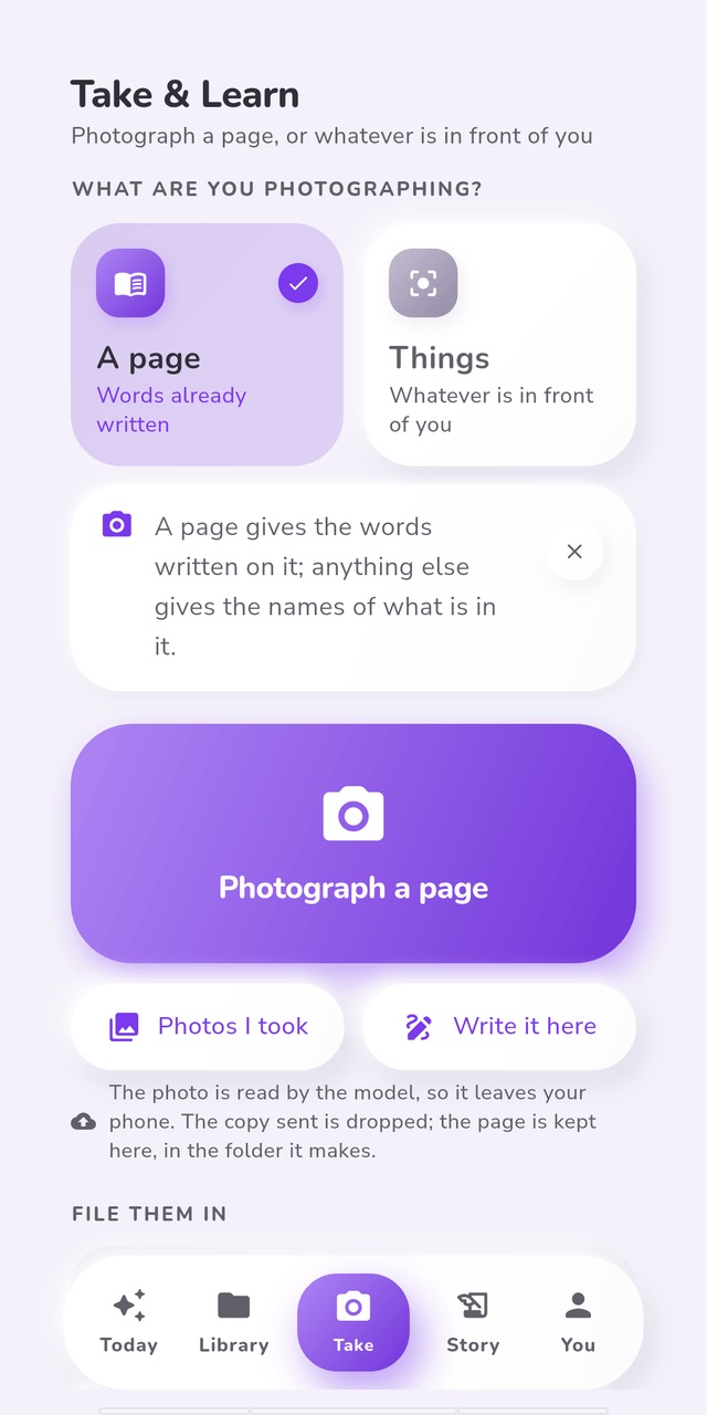 The Take and Learn screen, choosing between photographing a page of writing and photographing the things in front of you.